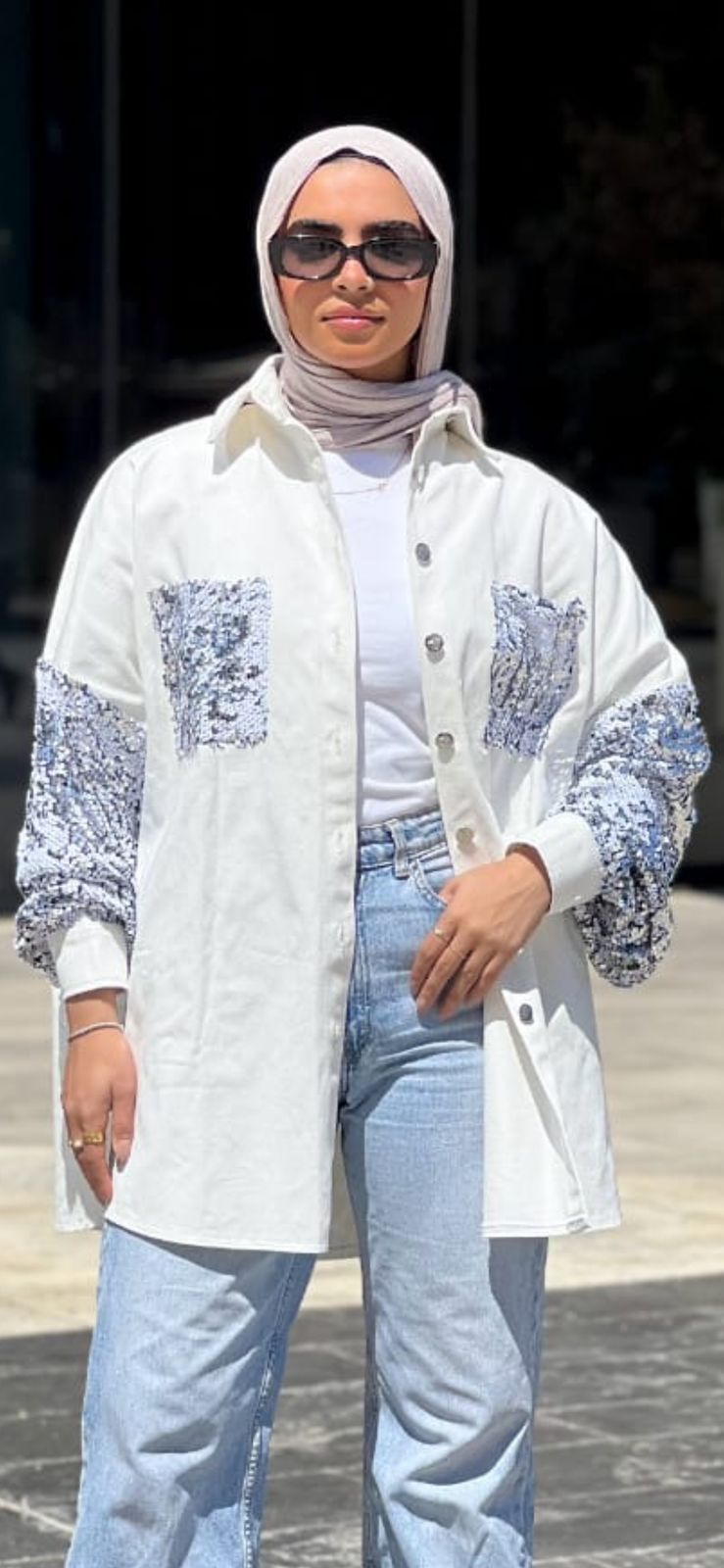 off white jacket jeans with paillette
