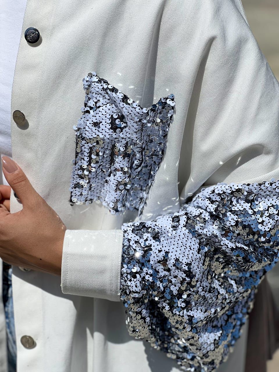 off white jacket jeans with paillette