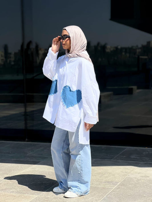 White chemise with hearts jeans strassed